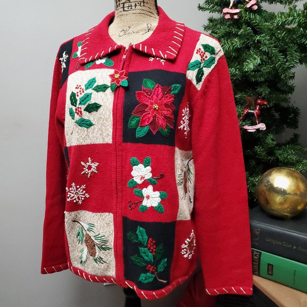 Vintage TIARA INTERNATIONAL Holly Poinsettia Christmas Patchwork Zipper Cardigan